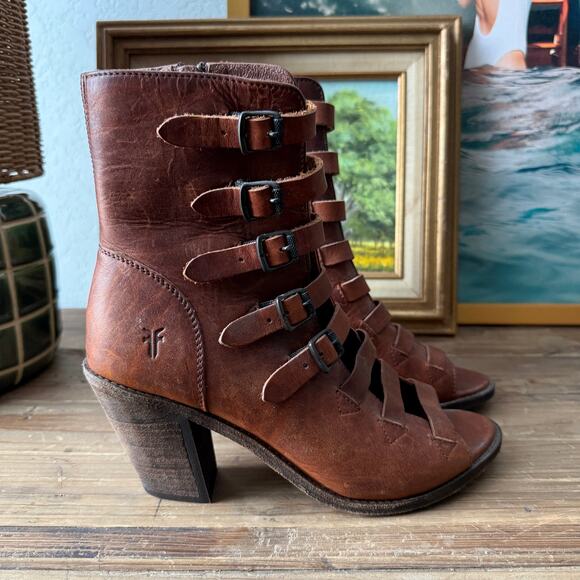 Frye Shoes - Women's Frye Izzy Belted Short Heel Sandal Leather Bootie Cognac Size 8